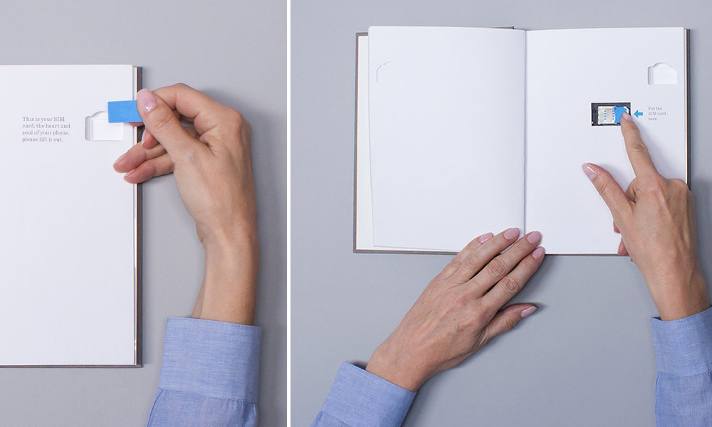 Top view of the manual showing how to slot in the SIM card